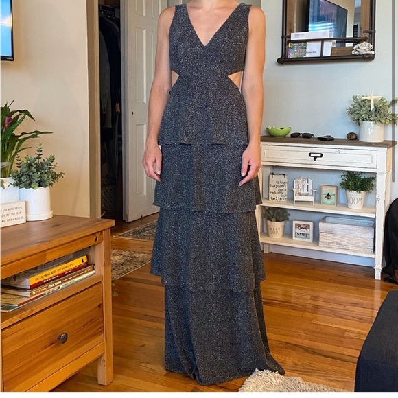 Betsy & Adam Gray Tiered Ruffled Gown for Wedding Guest - Picture 4 of 5